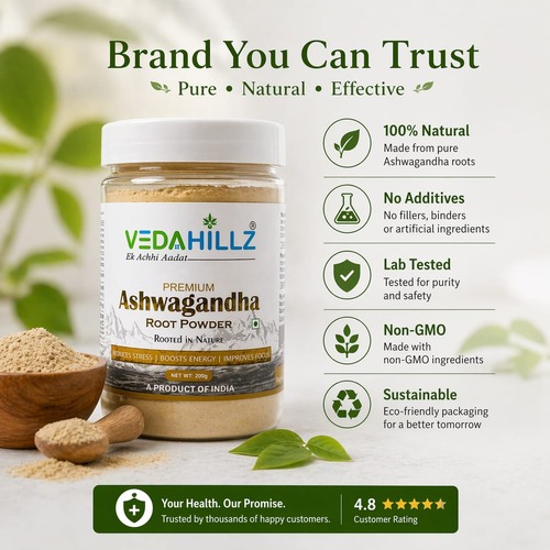 Premium and Natural Vedahillz Ashwagandha Powder Crafted from Fresh Roots for Vitality, Stress Relief, and Everyday Wellness